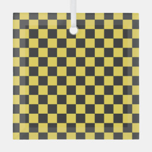 Geel en zwart dambordpatroon glas ornament