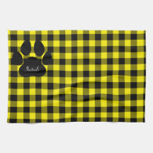 Geel en zwart geruite paw print keukenhanddoek