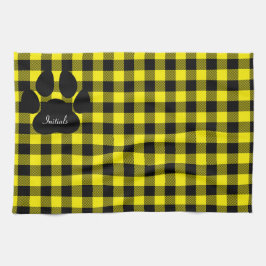 Geel en zwart geruite paw print keukenhanddoek
