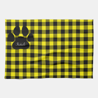 Geel en zwart geruite paw print keukenhanddoek