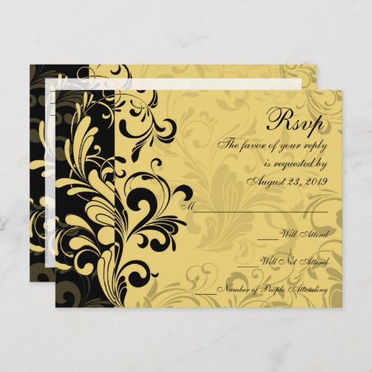Geel en Zwart Hedendaagse Swirl RSVP Reactie Uitnodiging Briefkaart (Voorkant / Achterkant)
