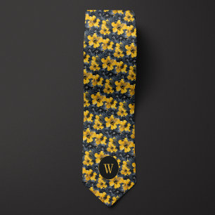 Geel en zwart Waterverf Floral Monogram Stropdas