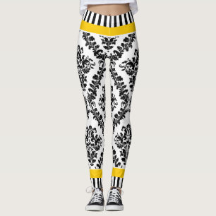 Geel en zwart wit vochtpatroon en strepen leggings