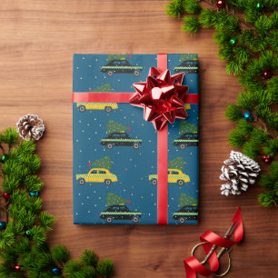  Geel en Zwarte Cab Taxi Kerstblauw Cadeaupapier
