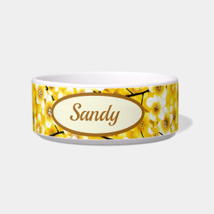  geel flesje met botanische patroonhond voerbakje