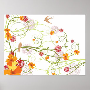 Geel Floral Hibiscus & Swallows Aangepast Poster