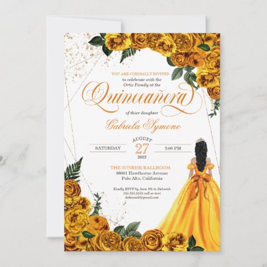 Geel Floral Roos & Gold Elegant Quinceañera Kaart (Voorkant)