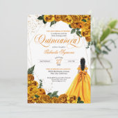 Geel Floral Roos & Gold Elegant Quinceañera Kaart (Staand voorkant)