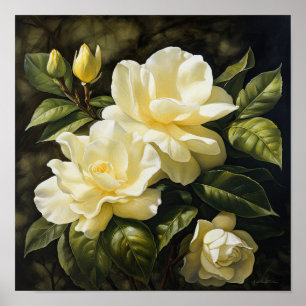 Geel Gardenias Bloemenkunst Print Poster