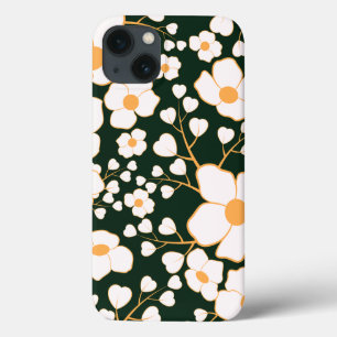 Geel Gecentreerde Witte Bloemen & Groene Achtergro iPhone 13 Hoesje