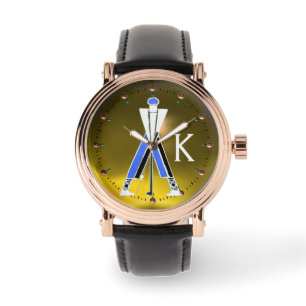 GEEL GEEL BLAUW GOLFER, GOLF-PLAYER MONOGRAM HORLOGE