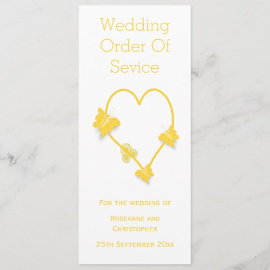 Geel gekleurde vlinder hart bruiloft programma (Voorkant)