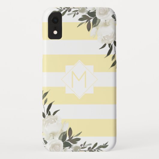 Geel gestreept bloemenmonogram met witte rozen Case-Mate iPhone case (Achterkant)