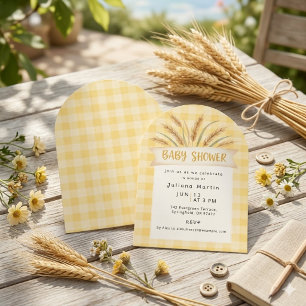 Geel Gingham Baby Shower Uitnodiging met Tarwe