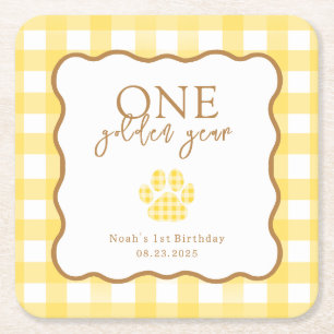 Geel Gingham Eén Gouden Jaar Eerste Verjaardag Vierkante Kartonnen Onderzetter