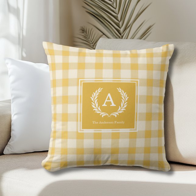 Geel Gingham Monogram Crest Kussen (Yellow 
Gingham Monogram Crest Throw Pillow)
