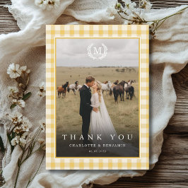 Geel Gingham Monogram Wapenschild 2 Foto Bedankkaart