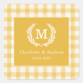 Geel Gingham Monogram Wapenschild Custom Vierkante Sticker (Voorkant)