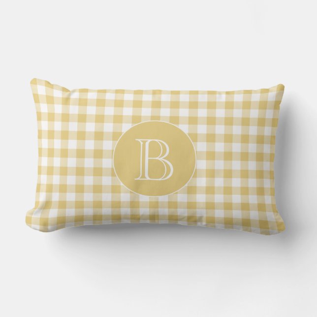 Geel Gingham Pattern Aangepast Monogram Kussen (Voorkant)