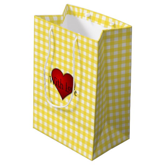 Geel Gingham Rood hart Met Liefde Medium Cadeauzakje (Achterkant Gekanteld)
