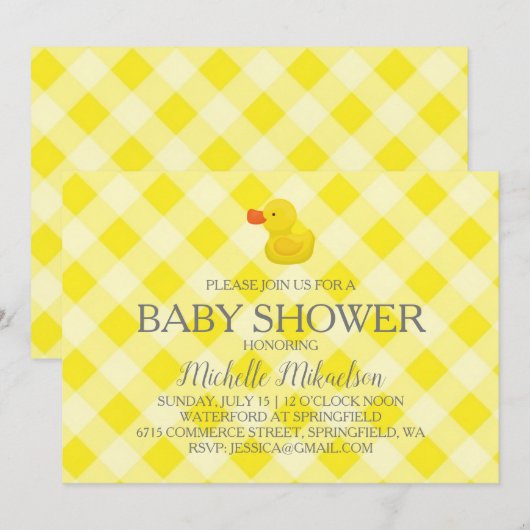 Geel Gingham Rubber Duckie Baby shower Kaart (Voorkant / Achterkant)