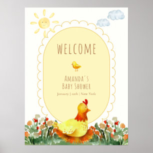 Geel Gingham Tuin Kip Baby Shower Welkom Poster