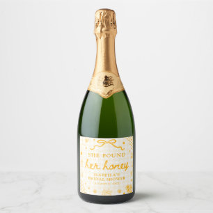 Geel Gingham Ze Heeft Haar Honing Bruiloftsfeest Sparkling Wijnetiket