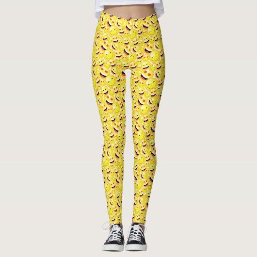 Geel Glimlachende Emoji Emoticon Gezichten Print Leggings (Voorkant)