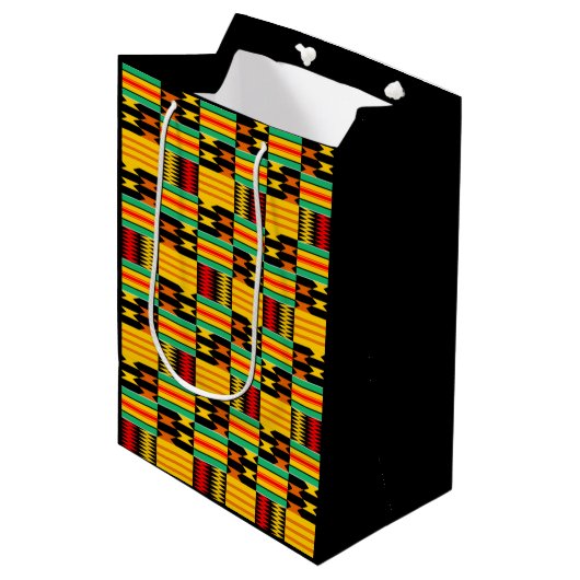 Geel-Gold Red Black Comb Kente Gift Bag Medium Cadeauzakje (Voorkant Gekanteld)