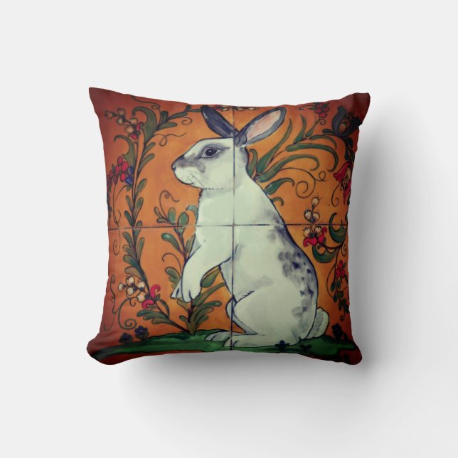  Geel Goud Bunny Spot Rabbit Floral Tile Kussen (Voorkant)