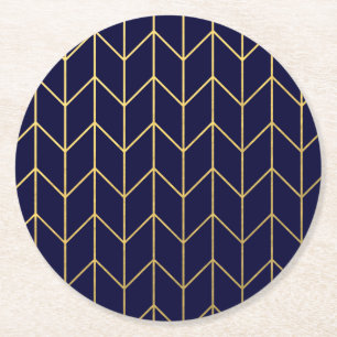 Geel goud Chevron Navy Blue Modern Chic Ronde Kartonnen Onderzetter