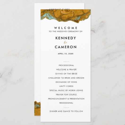 Geel goud- en Aqua Marble Wedding Program Programma (Voorkant / Achterkant)