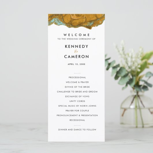Geel goud- en Aqua Marble Wedding Program Programma (Staand voorkant)