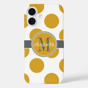 Geel goud en grijze Big Polka Dots Monogram iPhone 16 Hoesje