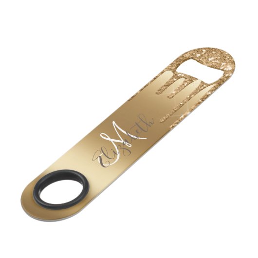 Geel Goud Glitter Look Drips Monogram Stijlvol Speed Flessenopener (Achterkant Gekanteld)