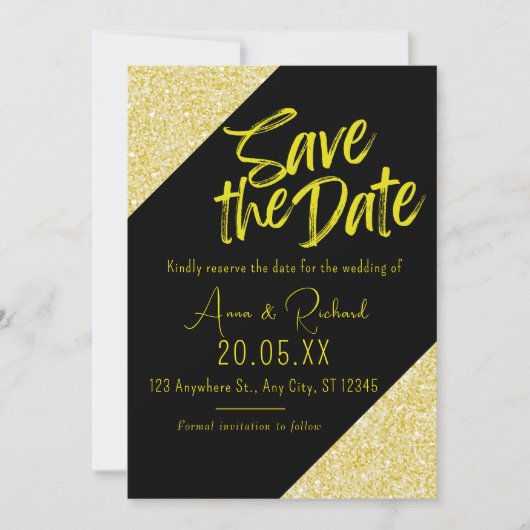 Geel Goud Glitter Script Zwart Save the Date Kaart (Voorkant)