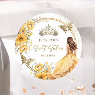 Geel Goud Meisje Prinses Tiara Bloemen Zoet 16 Ronde Sticker