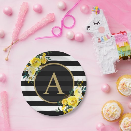 GEEL GOUD Monogram zwart, wit gestreept Papieren Bordje (Feest)