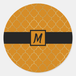 Geel goud van de Turmeric Quatrefoil Monogramparty Ronde Sticker