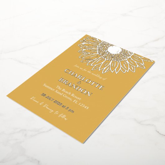 Geel Goud Zonnebloem Bruiloft Folie Uitnodiging (Gedraaid)