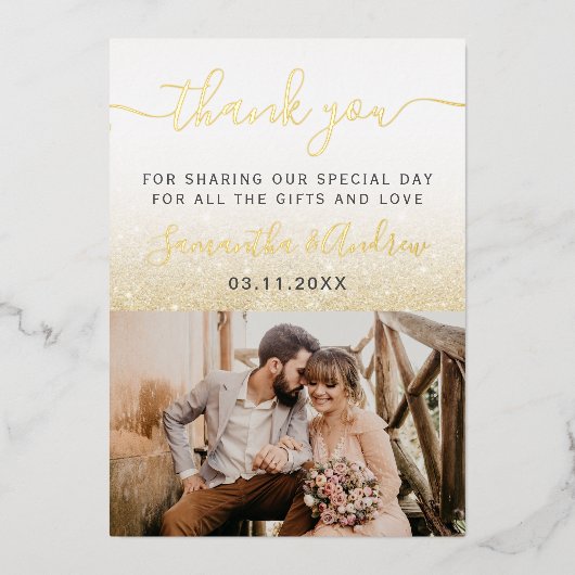 Geel goudglitter wit ombre script bedankt u folie uitnodiging (Voorkant)