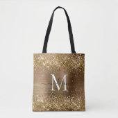 Geel goudglittergeborsteld metaal monogram script draagtas (Voorkant)