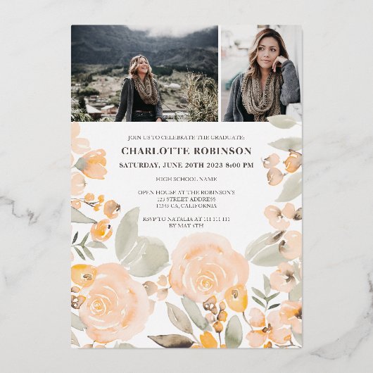 Geel greenery script 3 foto's afstuderen folie uitnodiging (Achterkant)