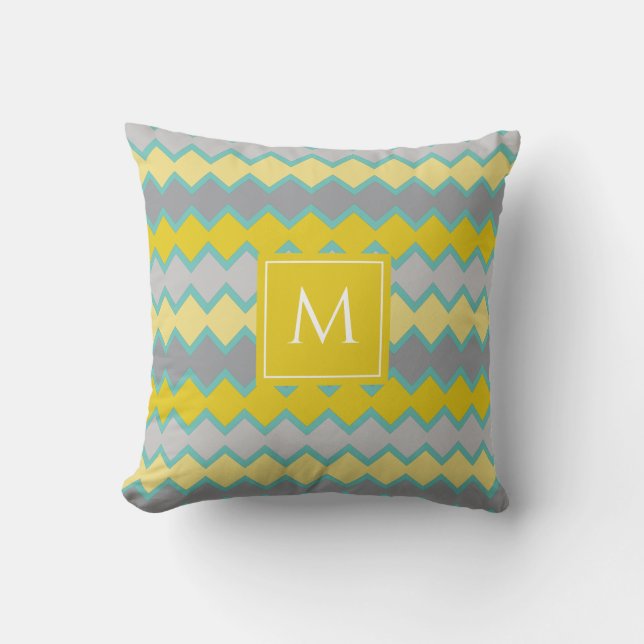 Geel grijs Aqua Geometric Pattern Monogram Kussen (Voorkant)