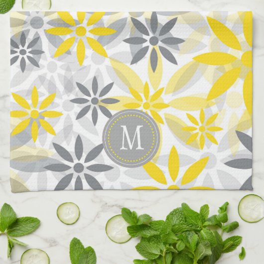 Geel grijs bloemig grafisch monogram theedoek (Gevouwen)