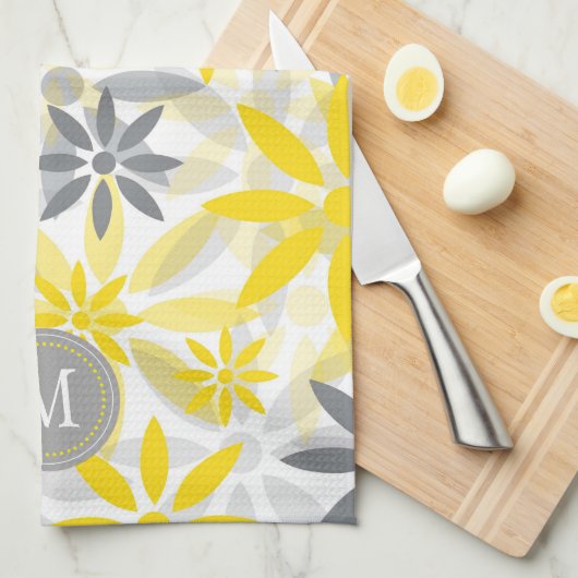 Geel grijs bloemig grafisch monogram theedoek (Quarter Fold)