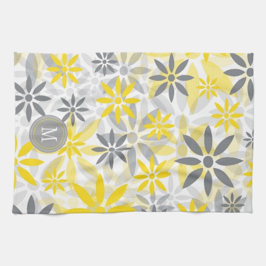 Geel grijs bloemig grafisch monogram theedoek (Horizontaal)