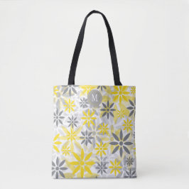 Geel grijs bloemig grafisch monogram tote bag