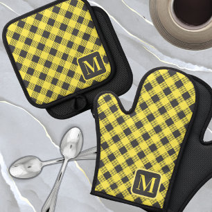 Geel Grijs Buffel Plaid Gingham Monogram Schattige Ovenwant & Pannenlap Set