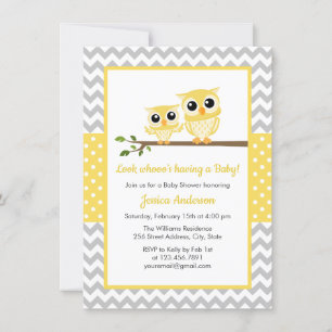Geel grijs Chevron Neutral Cute Owl Baby shower Kaart